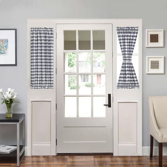 vctops Grey and White Buffalo Check Door Window Curtain with Tieback Rod Pocket - Picture 2 of 4
